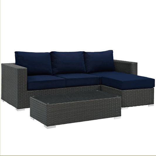 Sojourn 3 Piece Outdoor Patio Sunbrella® Sectional Set - Canvas Navy
