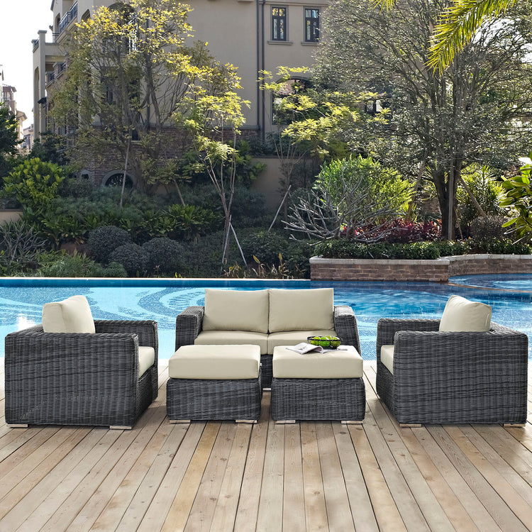 Summon 5 Piece Outdoor Patio Sunbrella® Sectional Set - Canvas Antique Beige