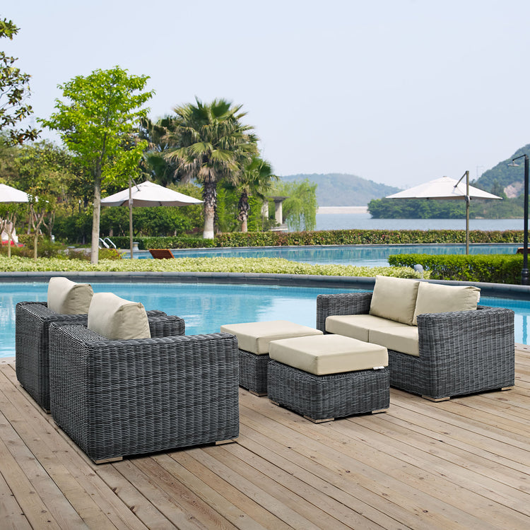 Summon 5 Piece Outdoor Patio Sunbrella® Sectional Set - Canvas Antique Beige