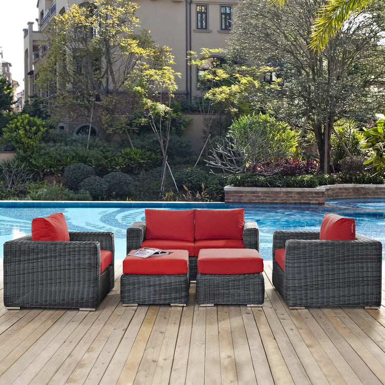 Summon 5 Piece Outdoor Patio Sunbrella® Sectional Set - Canvas Red