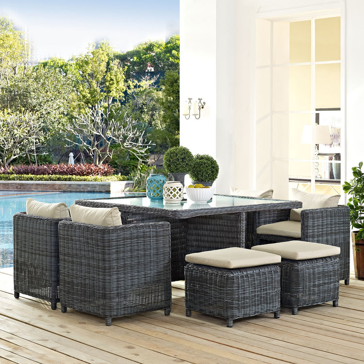 Summon 9 Piece Outdoor Patio Sunbrella® Dining Set - Antique Canvas Beige