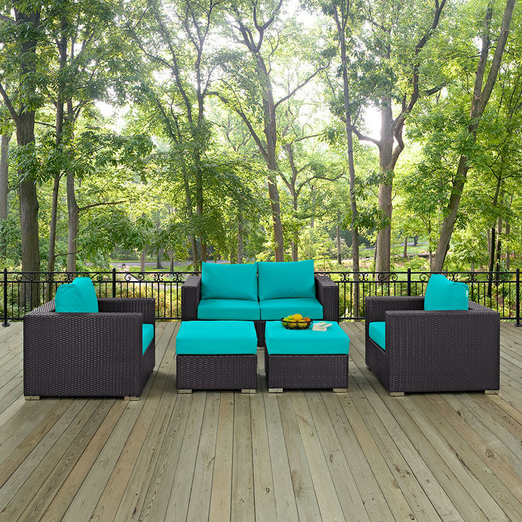 Convene 5 Piece Outdoor Patio Sofa Set - Espresso Turquoise
