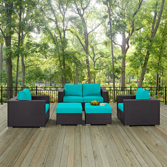 Convene 5 Piece Outdoor Patio Sofa Set - Espresso Turquoise