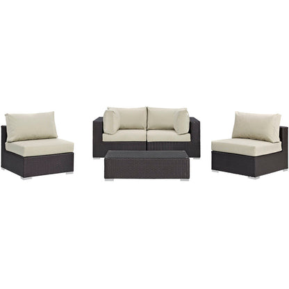 Convene 5 Piece Outdoor Patio Sectional Set - Espresso Beige