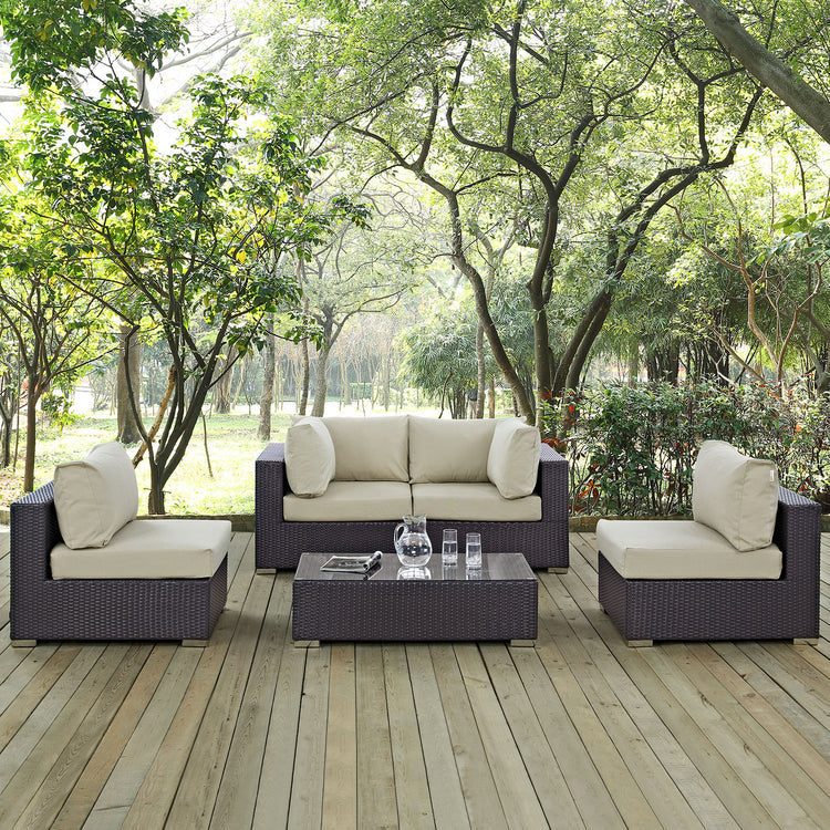 Convene 5 Piece Outdoor Patio Sectional Set - Espresso Beige