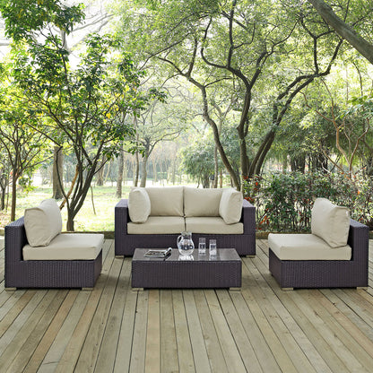 Convene 5 Piece Outdoor Patio Sectional Set - Espresso Beige
