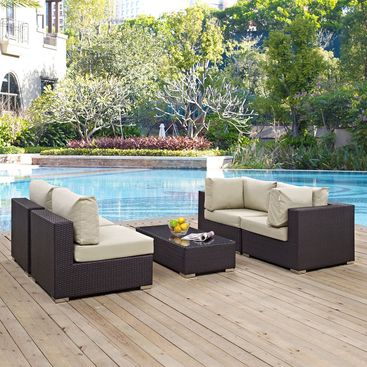 Convene 5 Piece Outdoor Patio Sectional Set - Espresso Beige