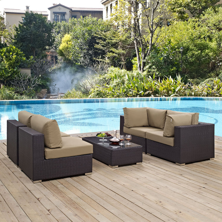 Convene 5 Piece Outdoor Patio Sectional Set - Espresso Mocha