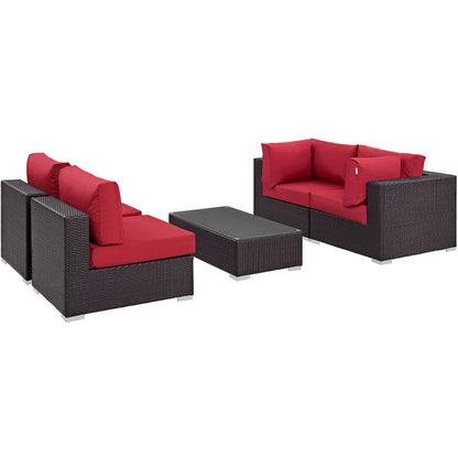 Convene 5 Piece Outdoor Patio Sectional Set - Espresso Red