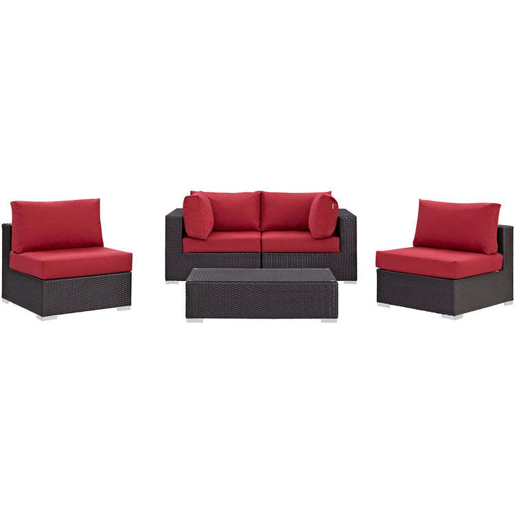 Convene 5 Piece Outdoor Patio Sectional Set - Espresso Red