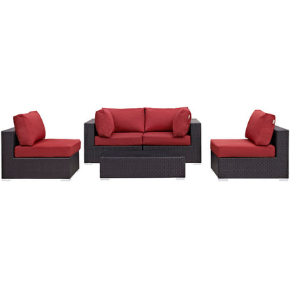 Convene 5 Piece Outdoor Patio Sectional Set - Espresso Red
