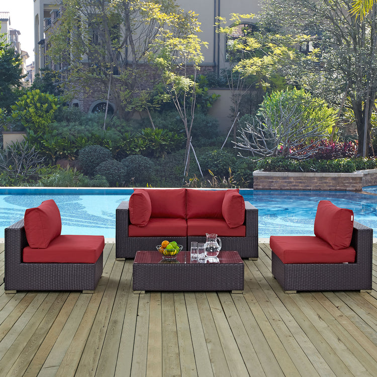 Convene 5 Piece Outdoor Patio Sectional Set - Espresso Red