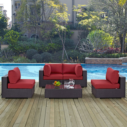 Convene 5 Piece Outdoor Patio Sectional Set - Espresso Red