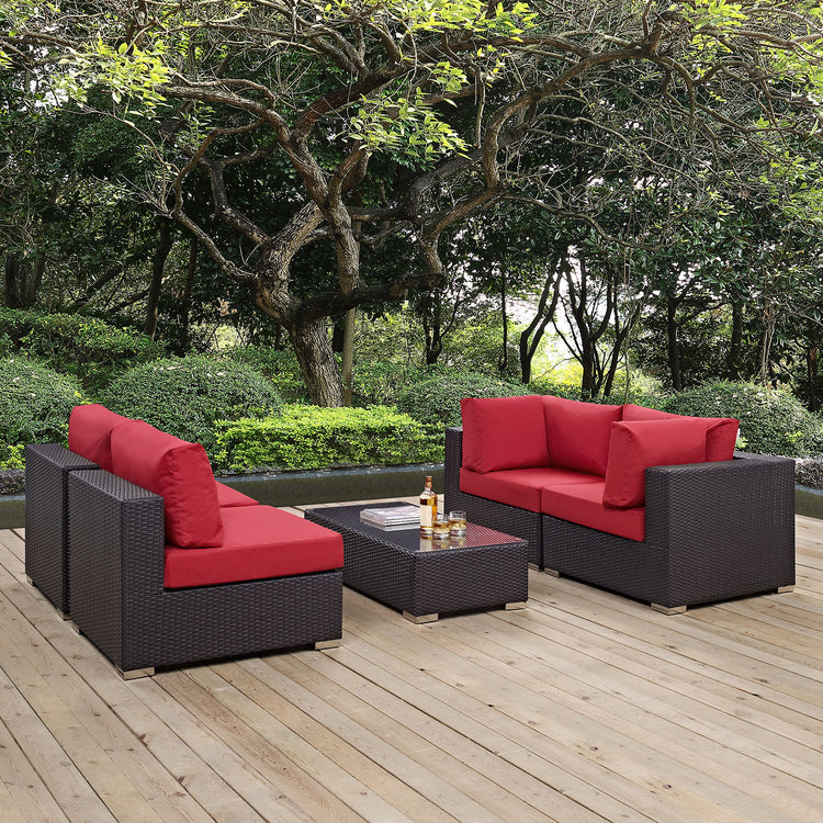 Convene 5 Piece Outdoor Patio Sectional Set - Espresso Red