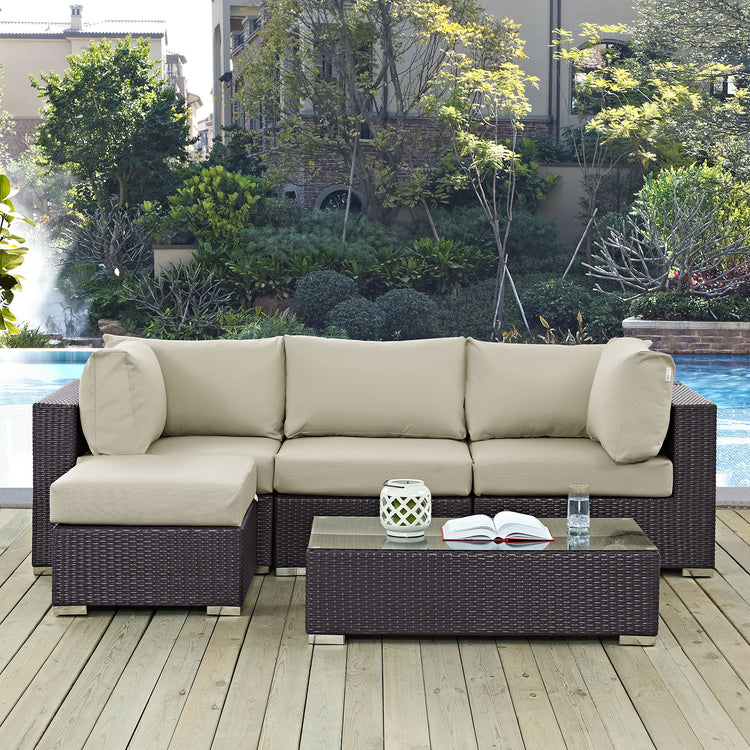 Convene 5 Piece Outdoor Patio Sectional Set - Espresso Beige