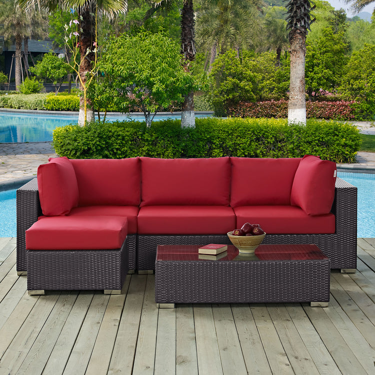Convene 5 Piece Outdoor Patio Sectional Set - Espresso Red