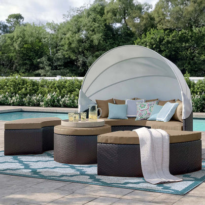 Convene Outdoor Patio Wicker Rattan Canopy Sectional Daybed - Espresso Mocha