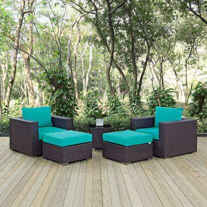 Convene 5 Piece Outdoor Patio Sectional Set - Espresso Turquoise