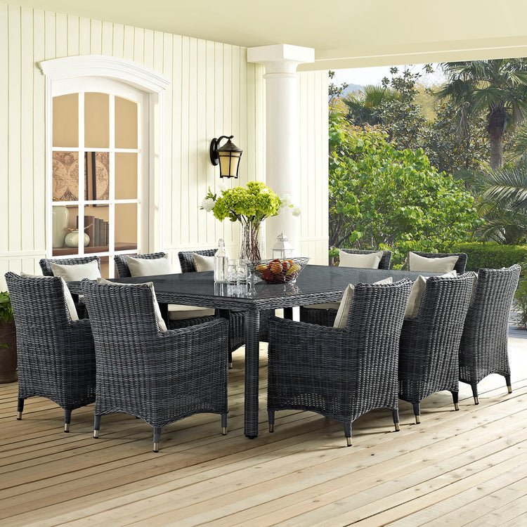 Summon 11 Piece Outdoor Patio Sunbrella® Dining Set - Antique Canvas Beige
