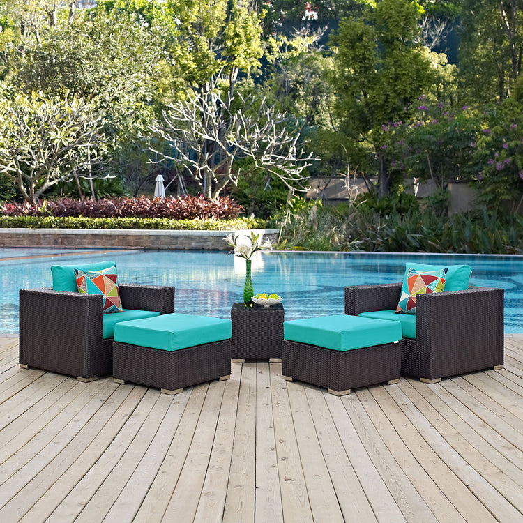 Convene 5 Piece Outdoor Patio Sectional Set - Espresso Turquoise
