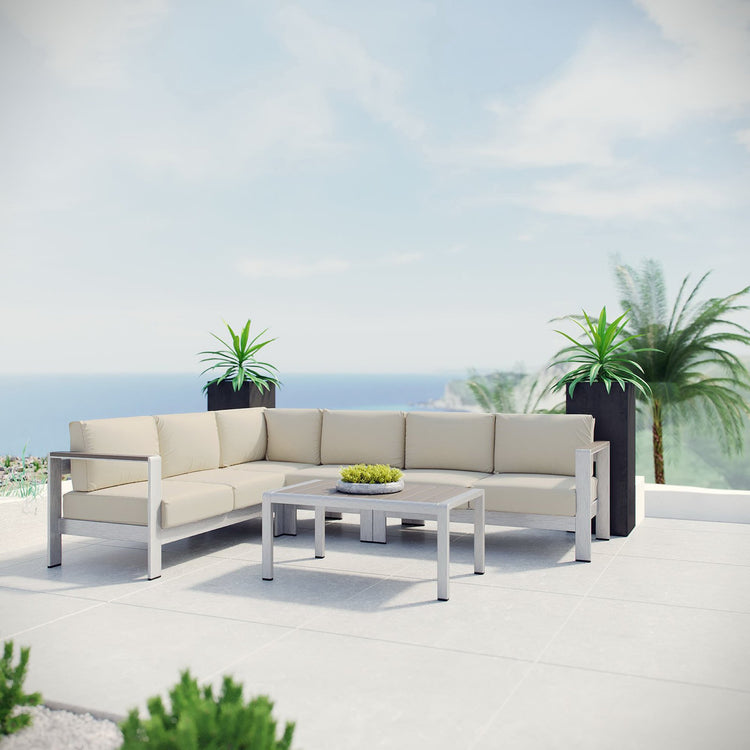 Shore 5 Piece Outdoor Aluminum Sectional Sofa Set - Silver Beige