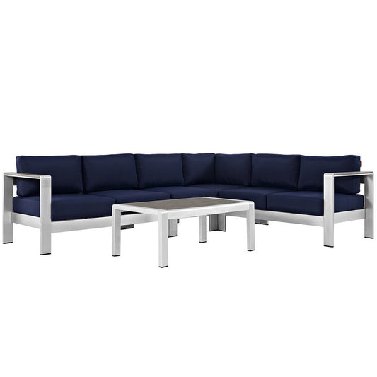 Shore 5 Piece Outdoor Aluminum Sectional Sofa Set - Silver Navy