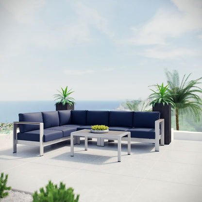 Shore 5 Piece Outdoor Aluminum Sectional Sofa Set - Silver Navy