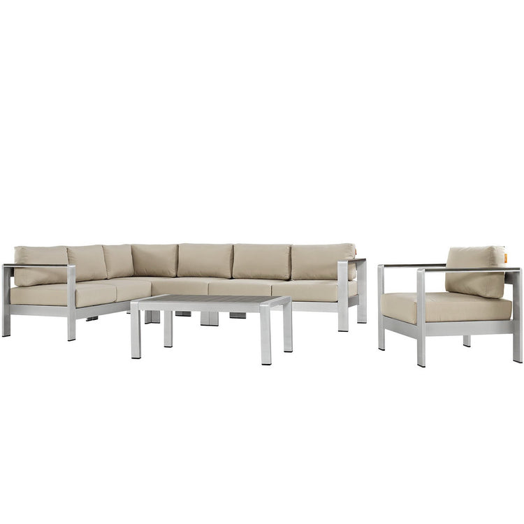 Shore 6 Piece Outdoor Aluminum Sectional Sofa Set - Silver Beige