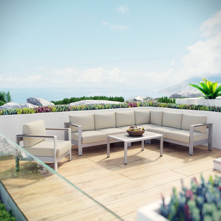 Shore 6 Piece Outdoor Aluminum Sectional Sofa Set - Silver Beige