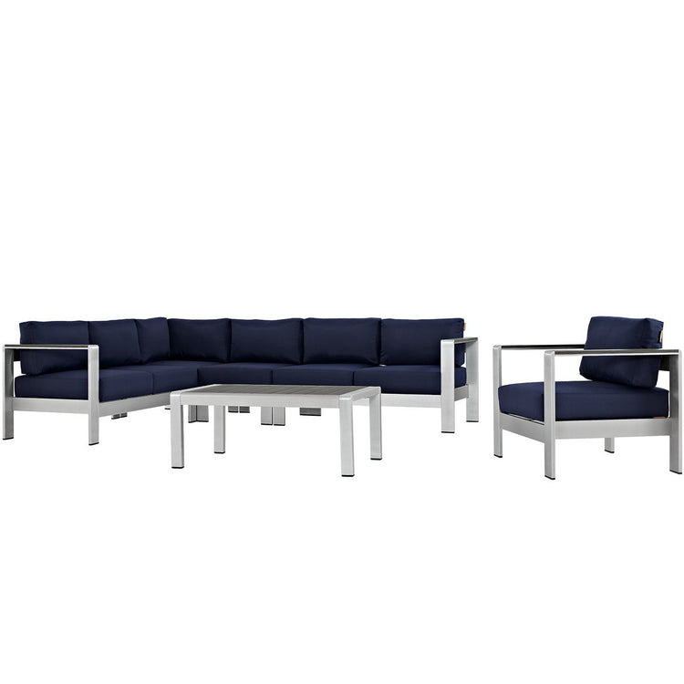 Shore 6 Piece Outdoor Aluminum Sectional Sofa Set - Silver Navy