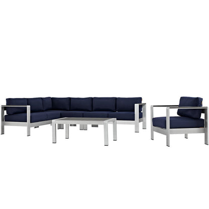 Shore 6 Piece Outdoor Aluminum Sectional Sofa Set - Silver Navy