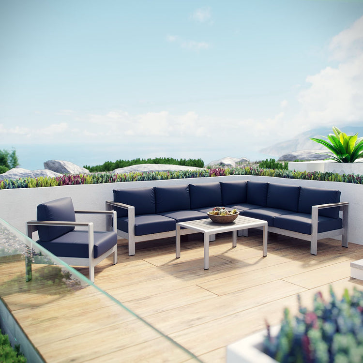 Shore 6 Piece Outdoor Aluminum Sectional Sofa Set - Silver Navy