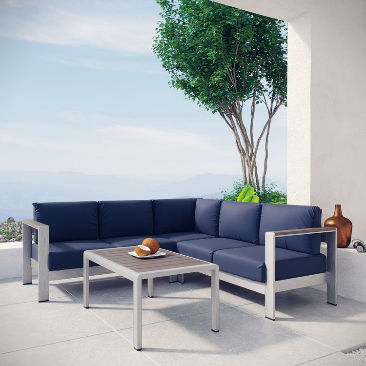 Shore 4 Piece Outdoor Aluminum Sectional Sofa Set - Silver Navy
