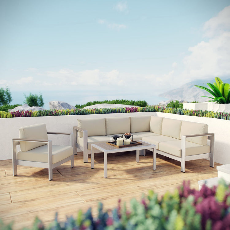 Shore 5 Piece Outdoor Aluminum Sectional Sofa Set - Silver Beige