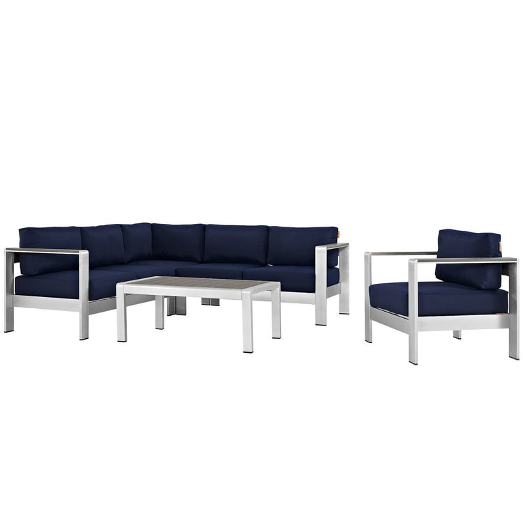 Shore 5 Piece Outdoor Aluminum Sectional Sofa Set - Silver Navy