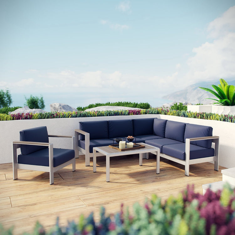 Shore 5 Piece Outdoor Aluminum Sectional Sofa Set - Silver Navy