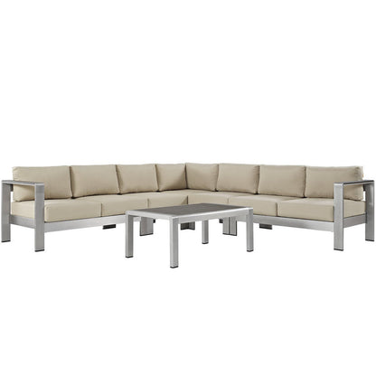 Shore 6 Piece Outdoor Aluminum Sectional Sofa Set - Silver Beige