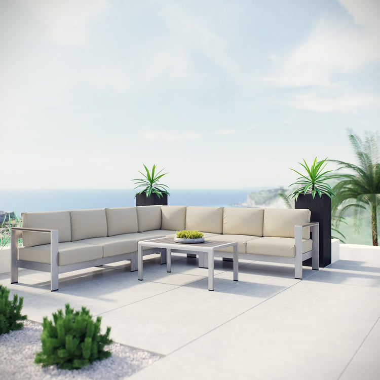Shore 6 Piece Outdoor Aluminum Sectional Sofa Set - Silver Beige