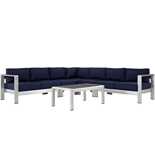 Shore 6 Piece Outdoor Aluminum Sectional Sofa Set - Silver Navy