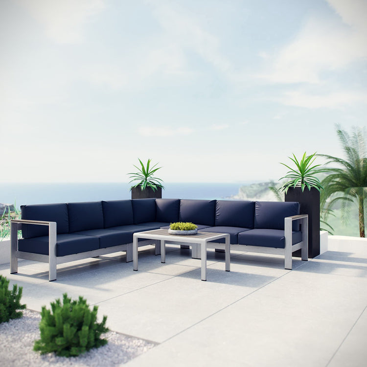 Shore 6 Piece Outdoor Aluminum Sectional Sofa Set - Silver Navy