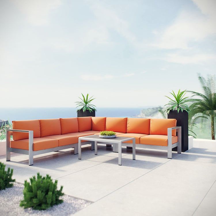 Shore 6 Piece Outdoor Aluminum Sectional Sofa Set - Silver Orange