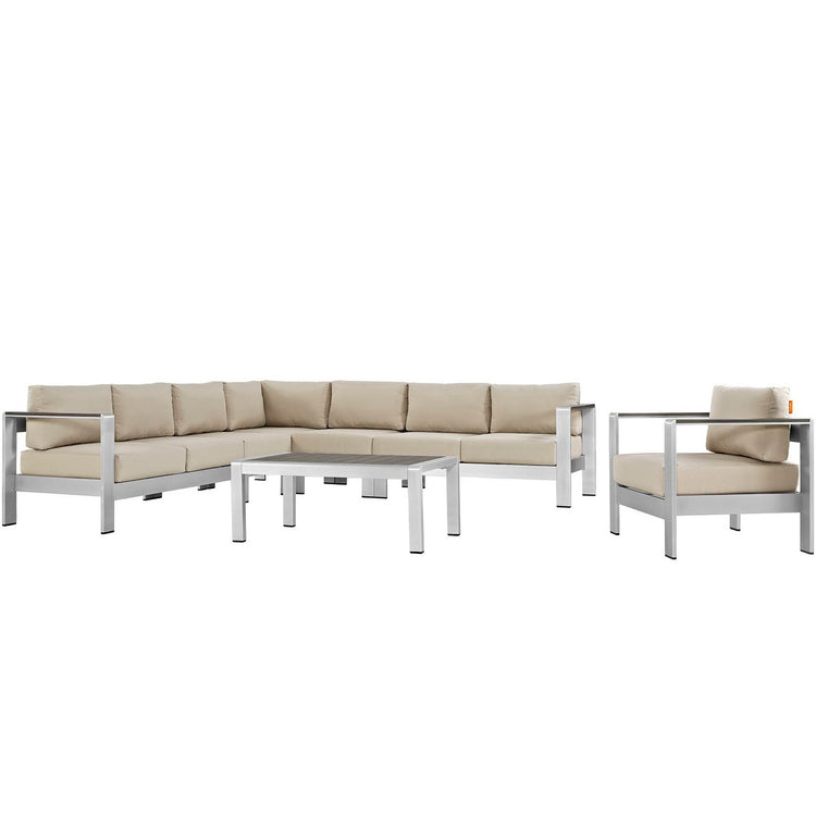 Shore 7 Piece Outdoor Aluminum Sectional Sofa Set - Silver Beige