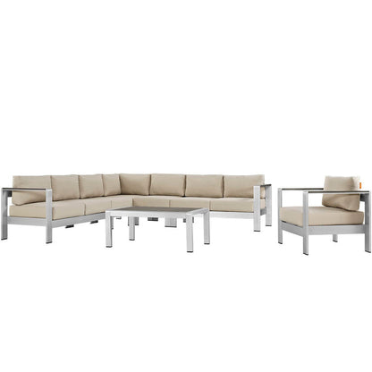 Shore 7 Piece Outdoor Aluminum Sectional Sofa Set - Silver Beige