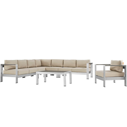 Shore 7 Piece Outdoor Aluminum Sectional Sofa Set - Silver Beige