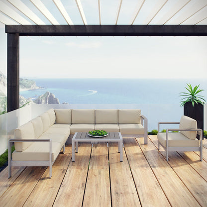 Shore 7 Piece Outdoor Aluminum Sectional Sofa Set - Silver Beige
