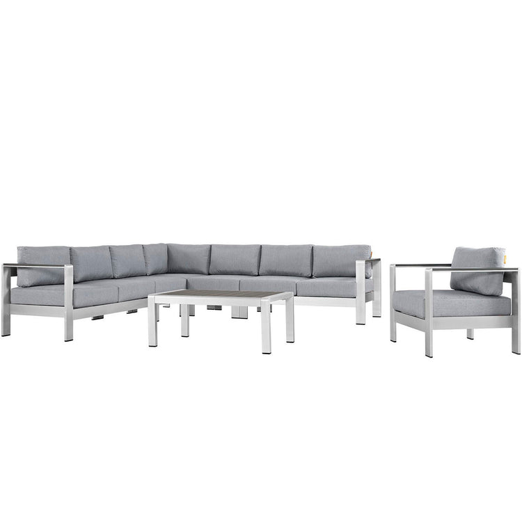 Shore 7 Piece Outdoor Aluminum Sectional Sofa Set - Silver Gray