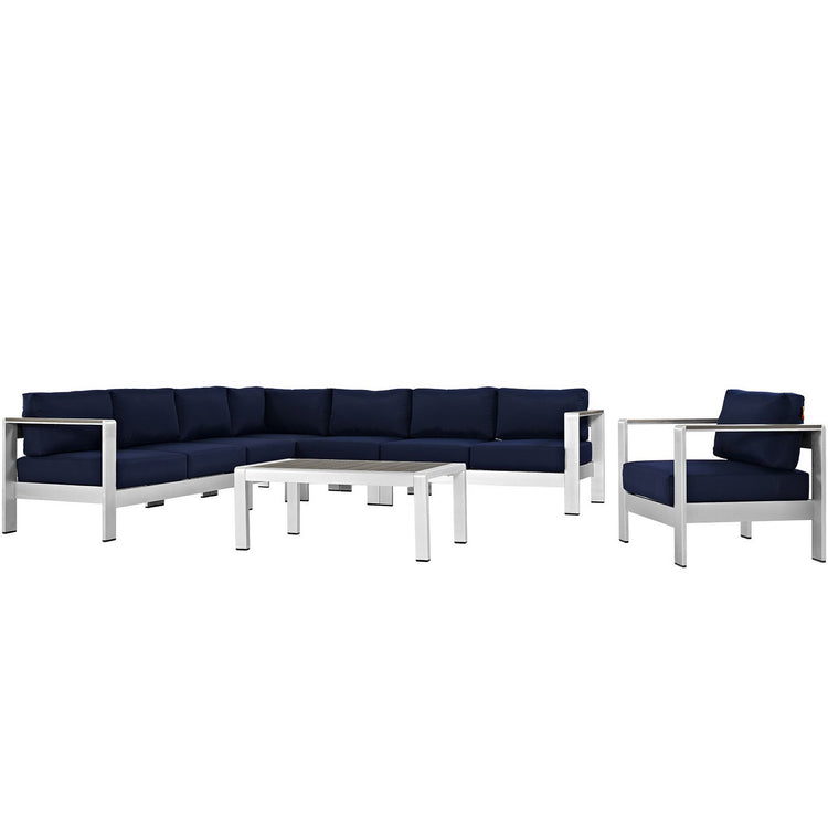 Shore 7 Piece Outdoor Aluminum Sectional Sofa Set - Silver Navy