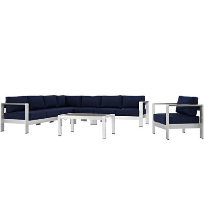 Shore 7 Piece Outdoor Aluminum Sectional Sofa Set - Silver Navy