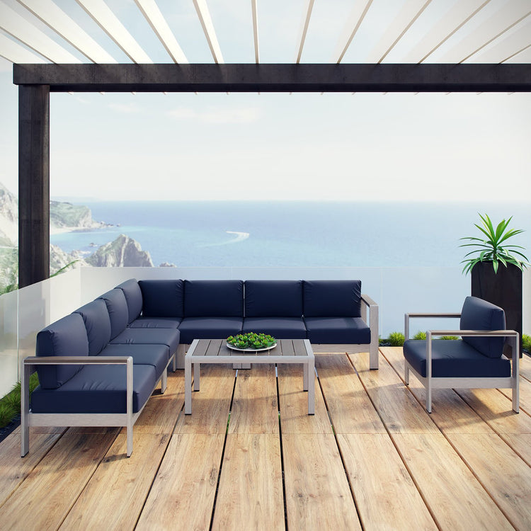 Shore 7 Piece Outdoor Aluminum Sectional Sofa Set - Silver Navy