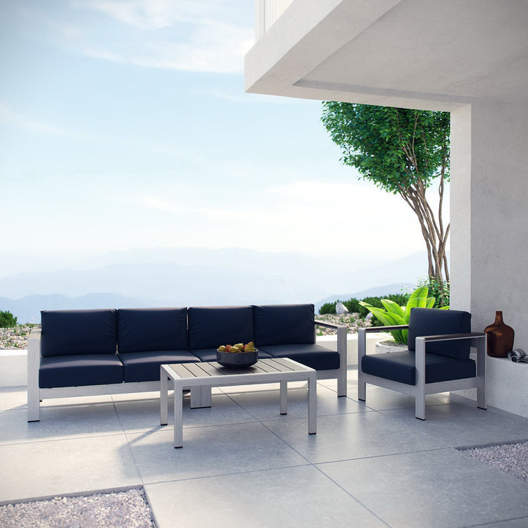 Shore 4 Piece Outdoor Aluminum Sectional Sofa Set - Silver Navy